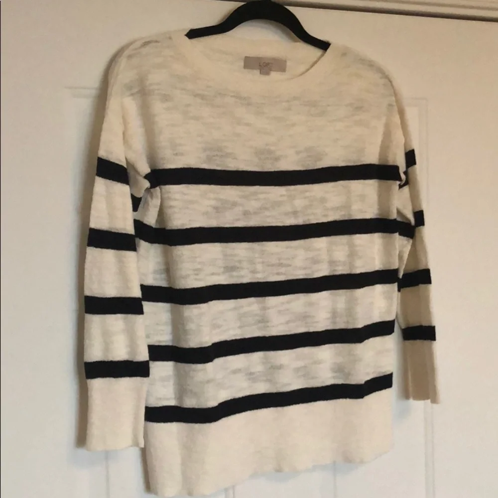 LOFT Cream and Black Striped Crewneck Sweater